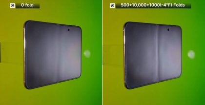 iPhone Duon näytön taitoskohdan juova syveni selvästi taitosten seurauksena. Kuvankaappaus Tim Panin YouTube-videolta.