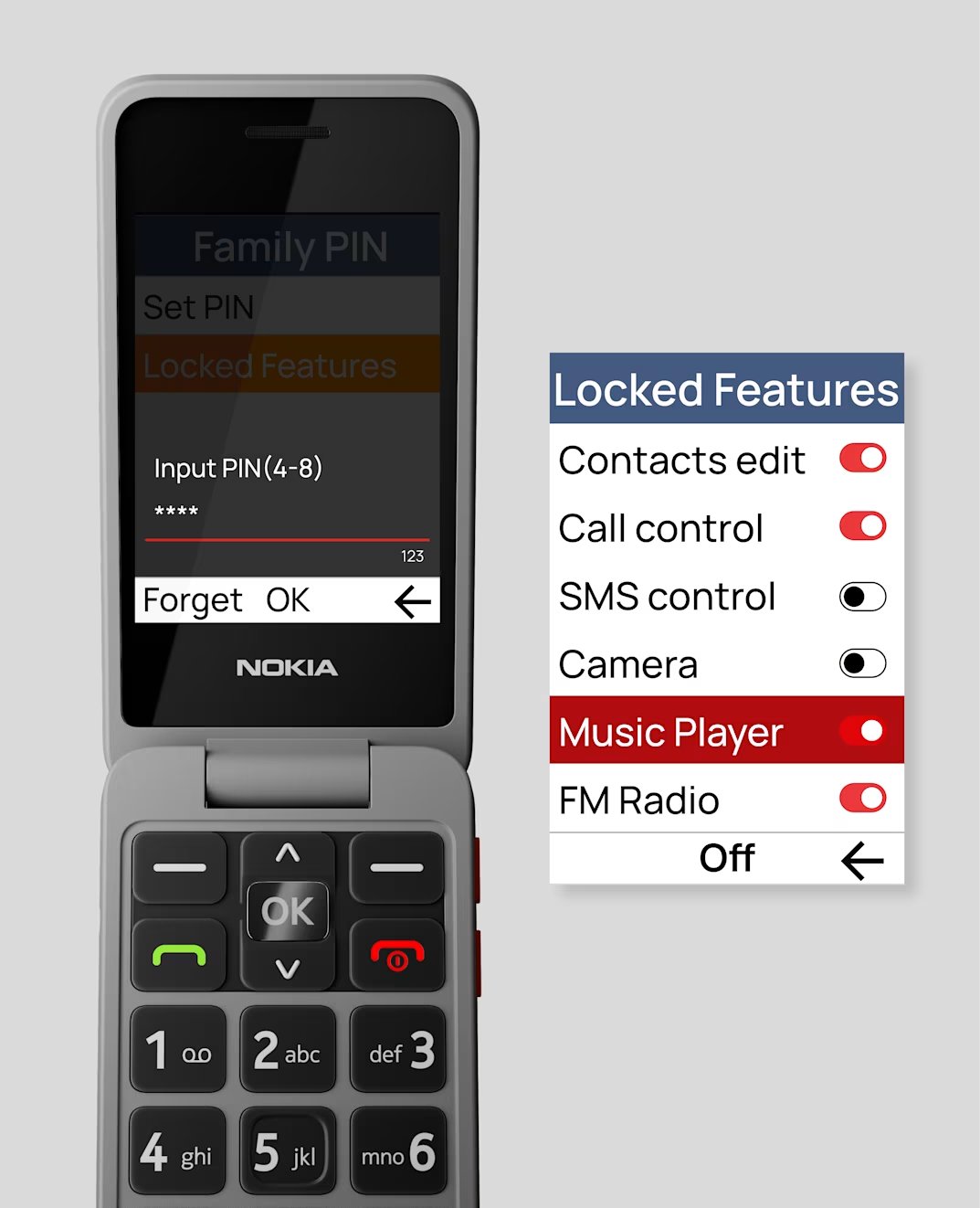 Nokia 2360 Flipin toimintoja voi lukita pois käytöstä.