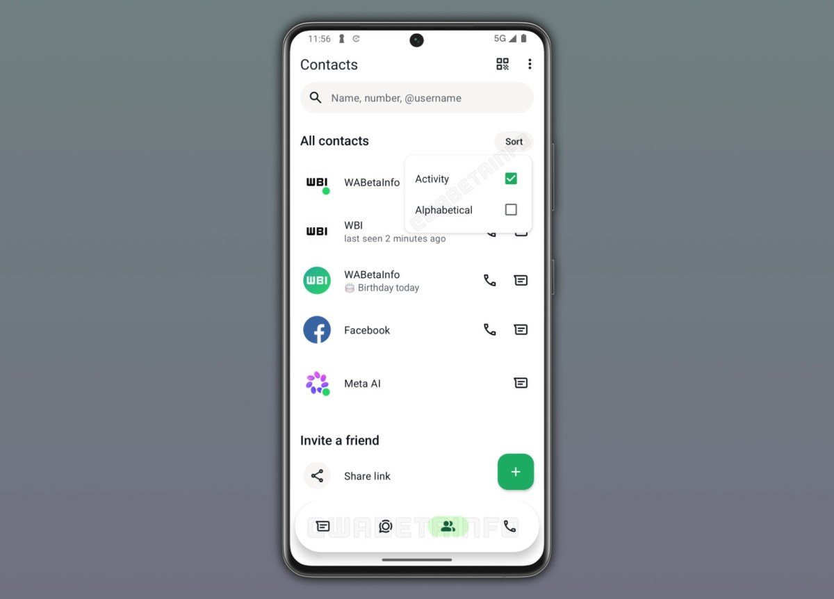 WhatsApp testaa uutta yhteystietonäkymää, johon pääsee alapalkista, Android-sovelluksen beetatestiversiossa. Kuva: WABetaInfo.
