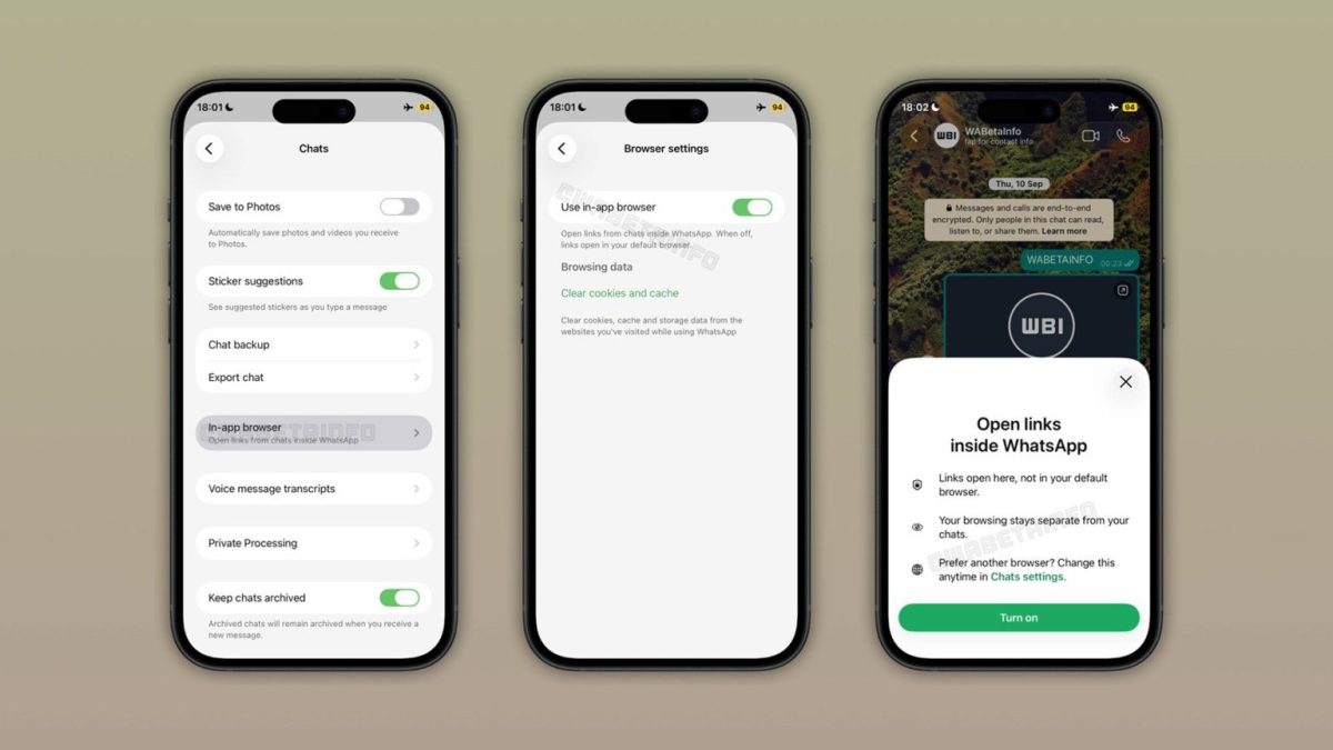 WhatsApp on saamassa sovelluksen sisäisen selaimen iPhonella. Kuva: WABetaInfo.