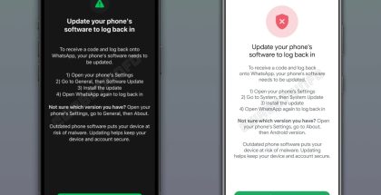 WhatsApp kertoo uudella ilmoituksella sovelluksessa, jos puhelimen ohjelmisto täytyy päivittää ennen käytön jatkamista. Kuva: WABetaInfo.