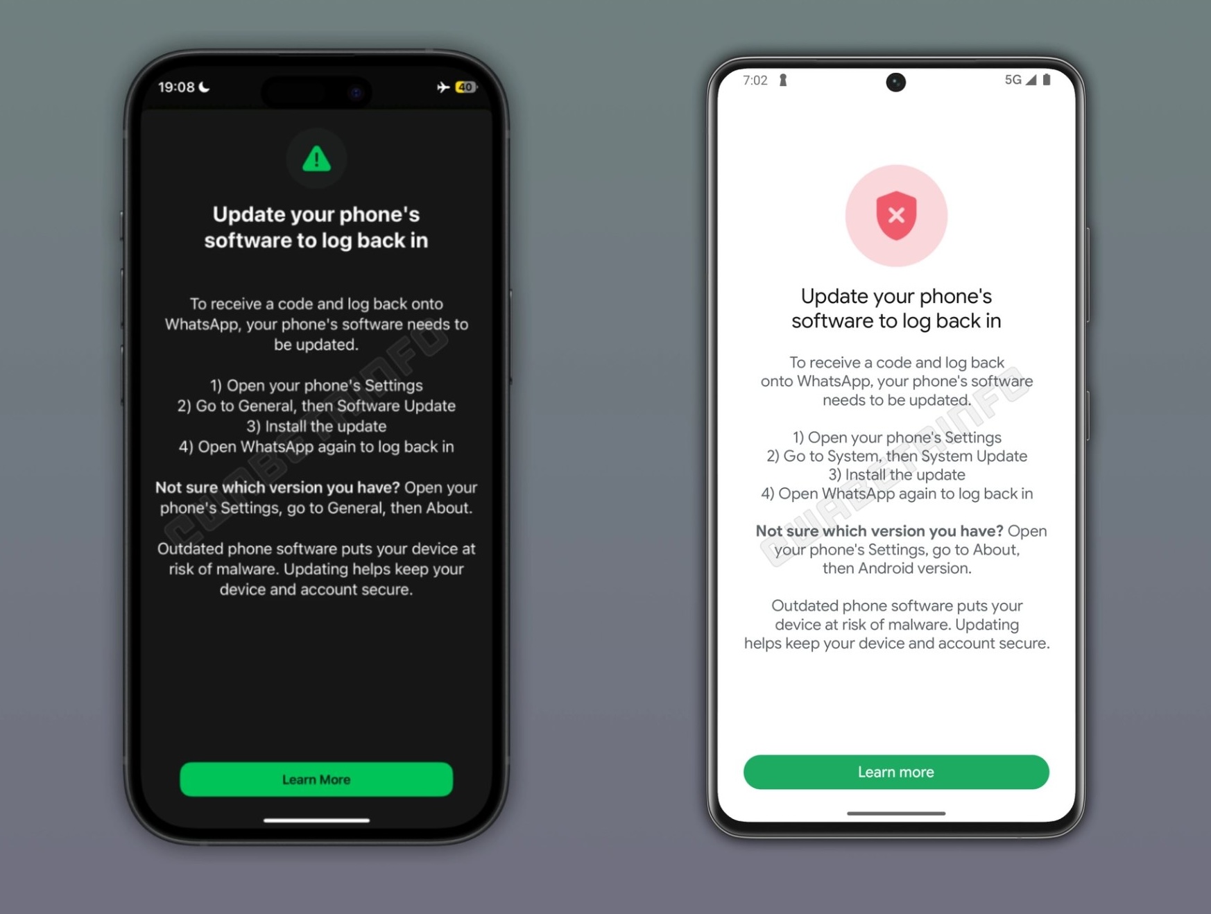 WhatsApp kertoo uudella ilmoituksella sovelluksessa, jos puhelimen ohjelmisto täytyy päivittää ennen käytön jatkamista. Kuva: WABetaInfo.